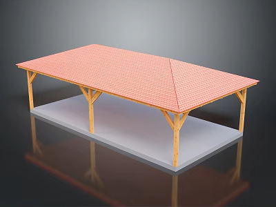Wooden Pavilion Structure With Red Checkered Roof And Wooden Pillars On Gray Platform 3d model