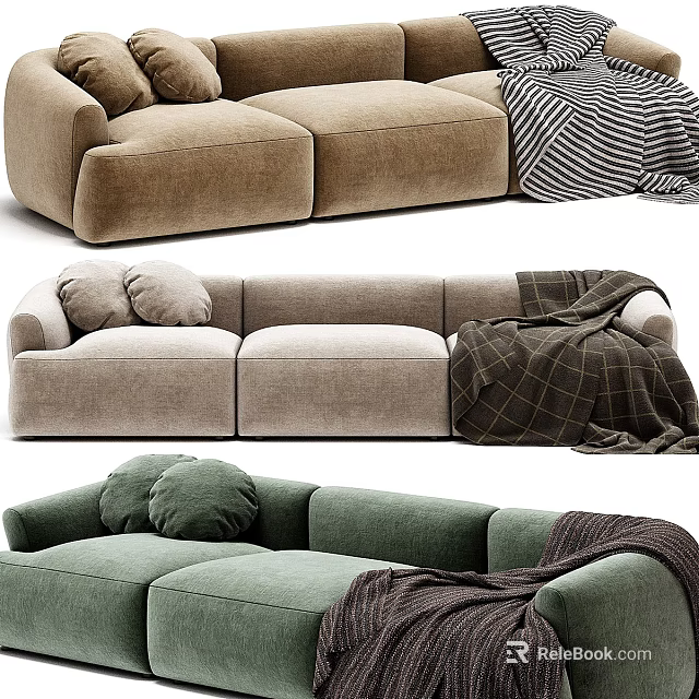 Stylish Beige Gray and Green Sectional Sofas with Plush Pillows and Cozy Throws 3d model 