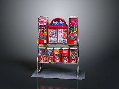 Red Sweet Art Candy Vending Machine Featuring Colorful Candy Boxes Metal Stand Gray Base 3d model