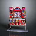 Red Sweet Art Candy Vending Machine Featuring Colorful Candy Boxes Metal Stand Gray Base