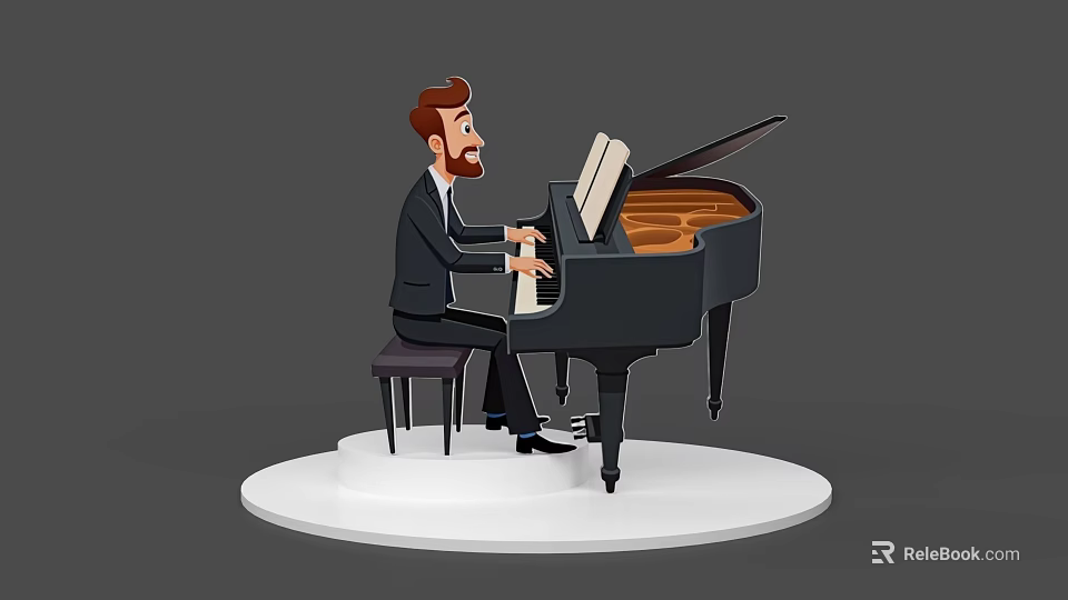 Cartoon Game Character in Black Suit Playing Grand Piano on White Platform 3d model 