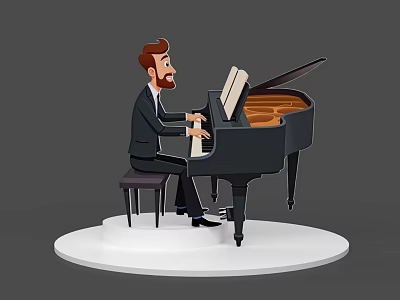 Cartoon Game Character in Black Suit Playing Grand Piano on White Platform 3d model