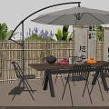 Outdoor Table With White Umbrella Bamboo Fence Metal Chairs Japanese Calligraphy Scrolls And Plants
