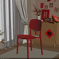 Festive Red Single Chair in Chinese New Year Themed Space with Wooden Cabinet Beige Curtains