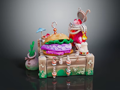 Adorable Creative Hamburger Display With Wooden Crate Mini Umbrella Decorative Plants And Cartoon Figure 3d model