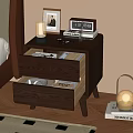Modern Wooden Nightstand With Two Drawers Lamp Photo Frame And Books In Cozy Bedroom