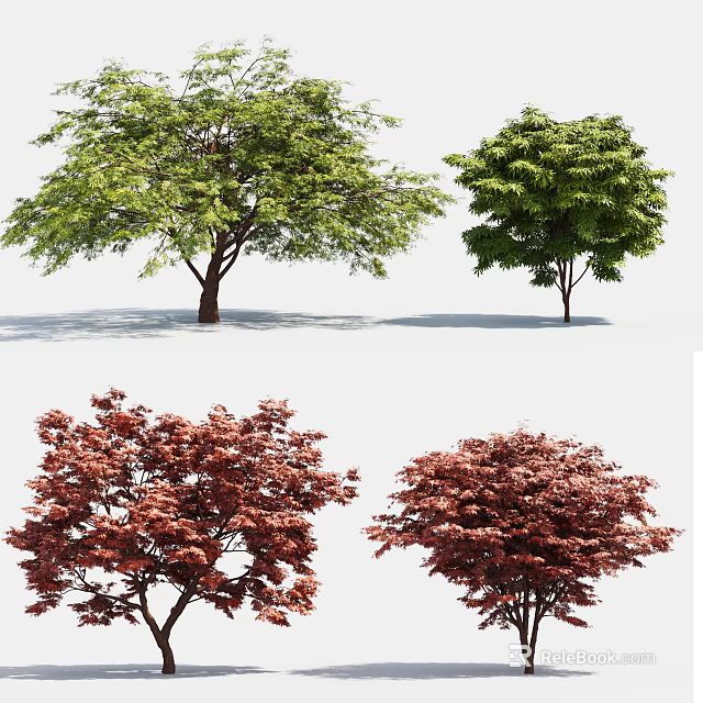 Different Arbor Trees With Green And Red Foliage For Garden Landscaping 3d model 