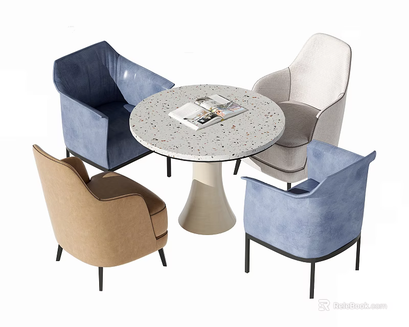 Casual Sofa Set With Multicolored Armchairs And Round Table With Magazines 3d model