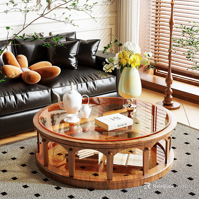Round Glass Top Wooden Coffee Table with White Teapot Cups Book and Black Sofa 3d model 