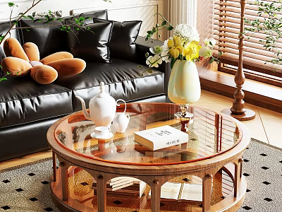 Round Glass Top Wooden Coffee Table with White Teapot Cups Book and Black Sofa 3d model