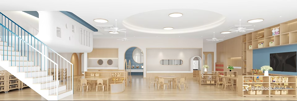 Modern Kindergarten Interior With Wooden Furniture And Bright Open Space 3d model 