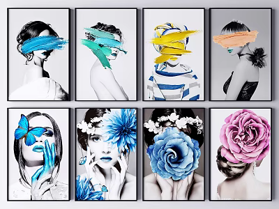 Colorful Abstract Portrait Paintings With Butterfly Floral And Block Color Elements 3d model