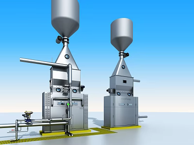 Silver Industrial Equipment With Conical Hoppers Pipes And Yellow Warning Tape 3d model