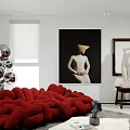 Modern Living Room Interior With Cozy Purple Upholstered Armchair And Artistic Tall Stacked Book