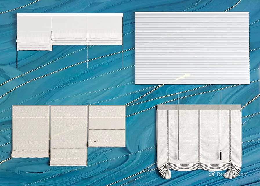 White Elegant Window Curtains With Roman Shades Roller Blinds And Modern Pleated Designs 3d model 