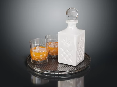 Elegant White Decanter With Two Glasses Of Orange Liquid On Metal Tray 3d model