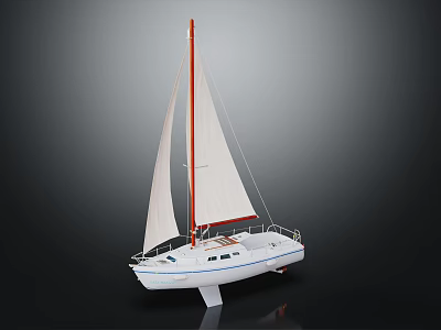 White Sailboat With Red Mast White Sails And Streamlined Hull Design 3d model