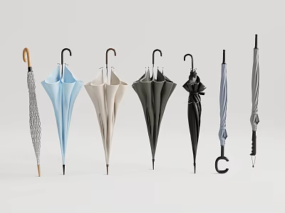 Various Colored Umbrellas With Straight And Curved Handles On White Background 3d model