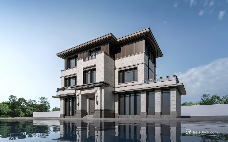 Two Story Modern Chinese Style Detached Villa Exterior With Large Windows Balcony And Water Pool 3d model 