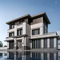 Two Story Modern Chinese Style Detached Villa Exterior With Large Windows Balcony And Water Pool