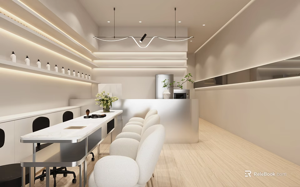 Modern Beauty Hair Salon Interior With White Styling Chairs And Workstations 3d model 