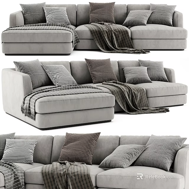 Multi person Gray Fabric Sectional Sofa With Patterned Pillows And Blankets 3d model