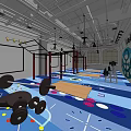 Modern Fitness Gym Interior With Rowing Machines Pull Up Bars And Blue Wooden Flooring