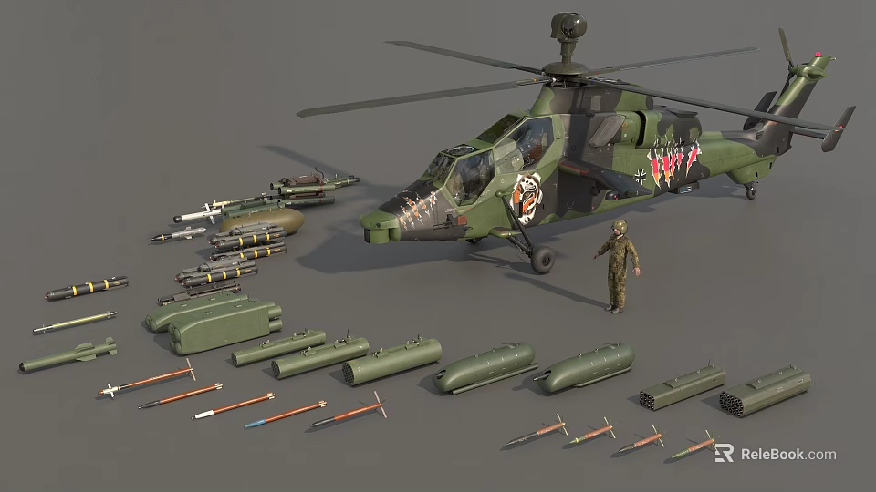 Camouflage Military Attack Helicopter with Weapons Ammunition and Standing Soldier Model 3d model 
