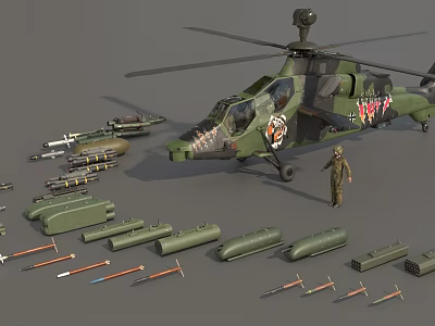 Camouflage Military Attack Helicopter with Weapons Ammunition and Standing Soldier Model 3d model