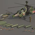 Camouflage Military Attack Helicopter with Weapons Ammunition and Standing Soldier Model