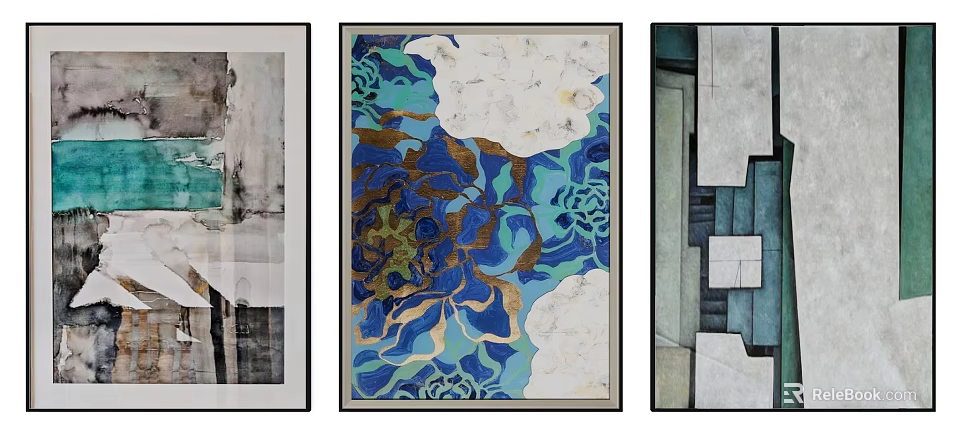 Three Piece Abstract Wall Art With Blue Gold White Patterns And Modern Design 3d model 