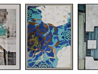 Three Piece Abstract Wall Art With Blue Gold White Patterns And Modern Design 3d model
