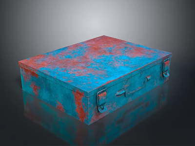 Vintage Storage Trunk With Blue And Red Distressed Surface And Lock Clasps 3d model
