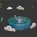 Vibrant Cartoon Scene With Blue Hexagonal Platform Green Circular Area And Floating Clouds Featuring Characters 3d model