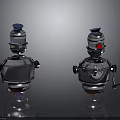 Two Silver Metallic Robots With Blue Caps And Red Eyes On Reflective Surface 3d model