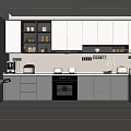 Modern Kitchen Interior With Gray White Cabinets Hanging Utensils And Appliances