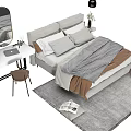 Modern Gray Double Bed With White Brown Bedding Round Mirror And Pendant Light 3d model