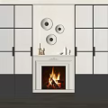 Modern Fireplace Interior Design With Grey Cabinets Circular Decorations And Burning Flames 3d model