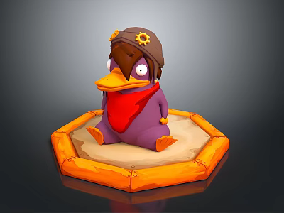 Purple Cartoon Character With Gear Hat Red Scarf Orange Feet On Octagonal Base 3d model