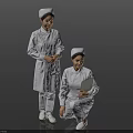 Two Nurses In White Uniforms With Nurse Caps Standing And Kneeling Holding Clipboard