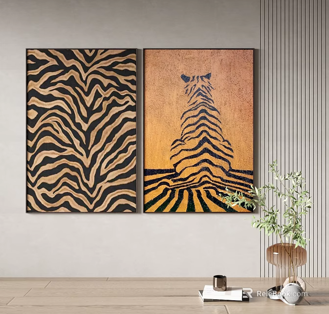 Zebra Pattern And Back View Decorative Paintings With Green Plant Interior Decor 3d model