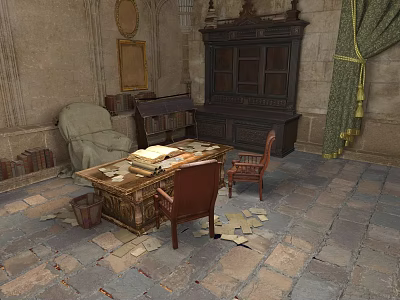 Antique Study Interior With Wooden Desk Open Book Scattered Papers Stone Walls And Bookcase 3d model