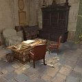 Antique Study Interior With Wooden Desk Open Book Scattered Papers Stone Walls And Bookcase
