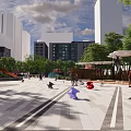 Park Landscape With Green Trees White Flowering Trees Modern Buildings And Paved Area