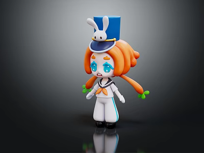 Cute 3D Cartoon Character With Orange Hair And Rabbit Ear Hat Design Look 3d model