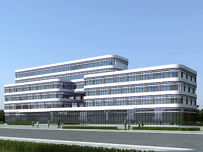 Modern Multi Storey Office Building With Glass Curtain Wall And Landscaped Area 3d model
