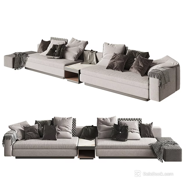 Modern Gray Linen Sectional Sofa With Plush Pillows Throw Blanket And Side Table 3d model