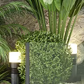 Lush Indoor Green Plant Wall Decor With Diverse Plants And Illuminated Lamps