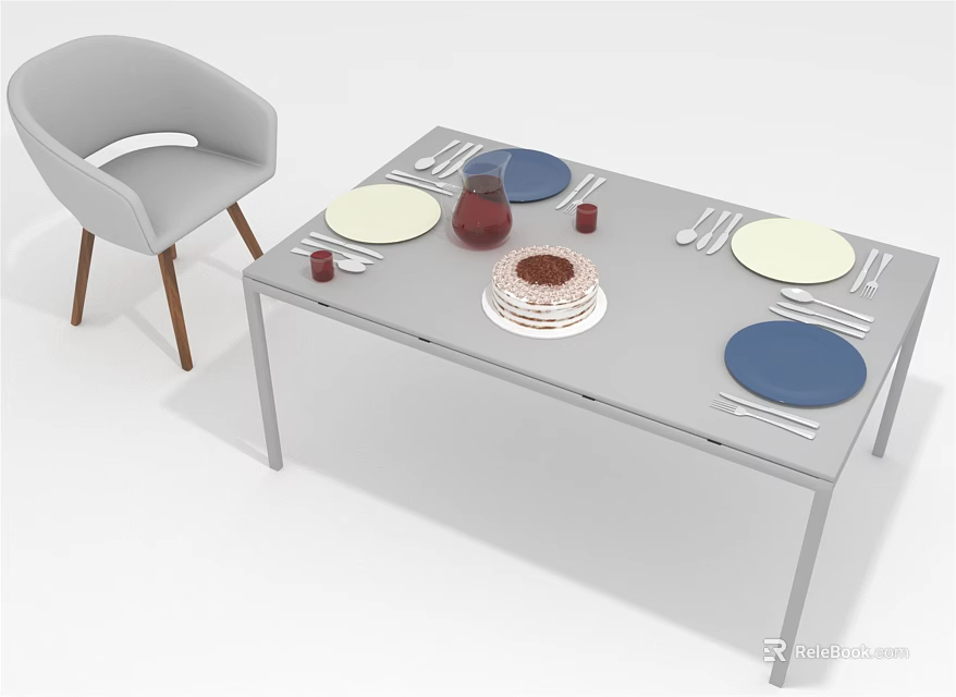 Modern Dining Table Set With Gray Chairs Plates Cake And Tableware 3d model
