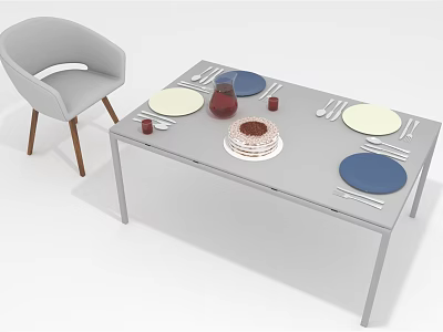 Modern Dining Table Set With Gray Chairs Plates Cake And Tableware 3d model